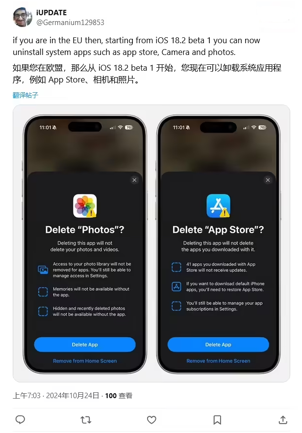 德庆苹果手机维修分享iOS 18.2 支持删除 App Store 应用商店 