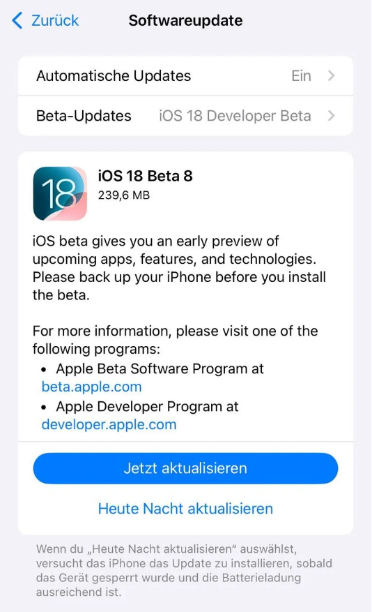 德庆苹果手机维修分享苹果 iOS / iPadOS 18 开发者预览版 Beta 8 发布 